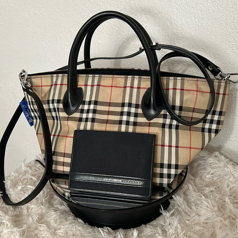 Burberry Checkered Tote Bag - Black and Tan with Matching Card Case